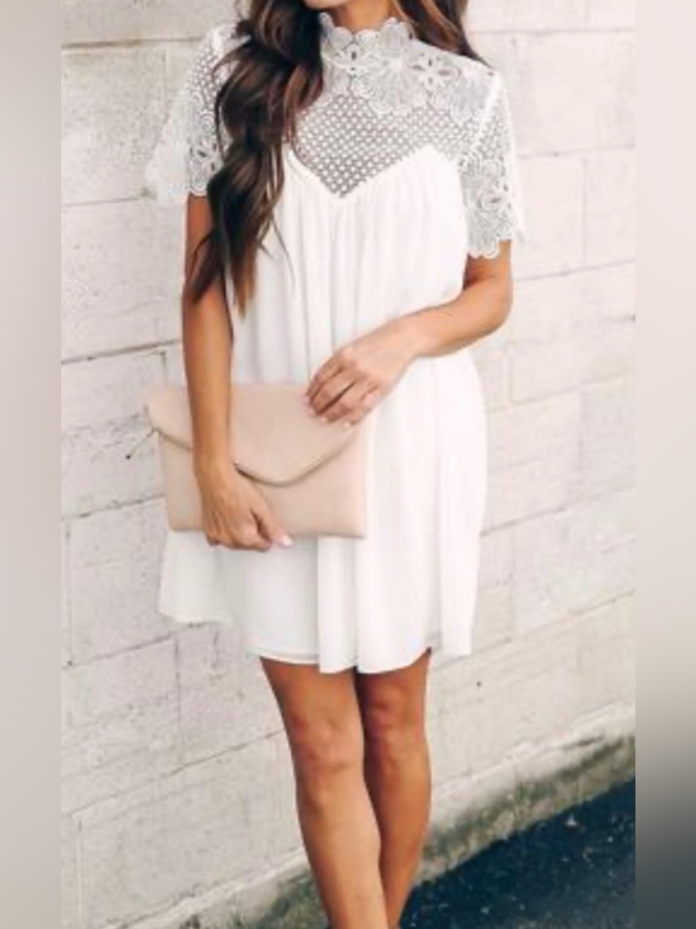 NWT Contrast Off White Floral Crochet Yoke Pleat Mini Dress (S)